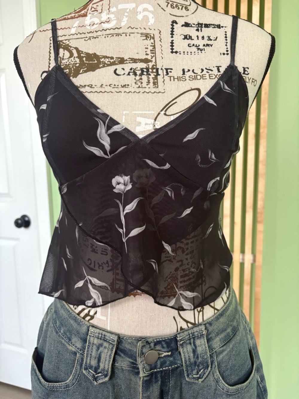 Black Sheer Floral Wrap Crop Cami Top